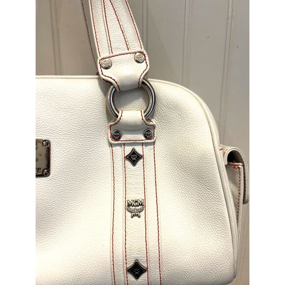 MCM White Leather Satchel with Silver Hardware and Red Stitching - FIRE!!! - Picture 6 of 12